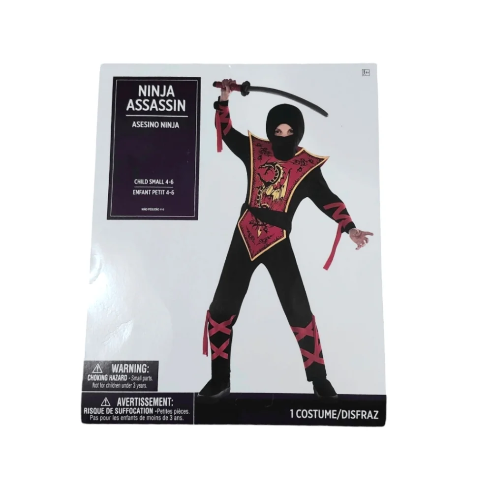 Ninja Child Costume Boys Size Small 4 - 6 Black Red 3 Piece Set